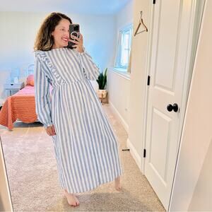 Vintage Handmade Blue White Striped Long Sleeve Maxi Dress Medium